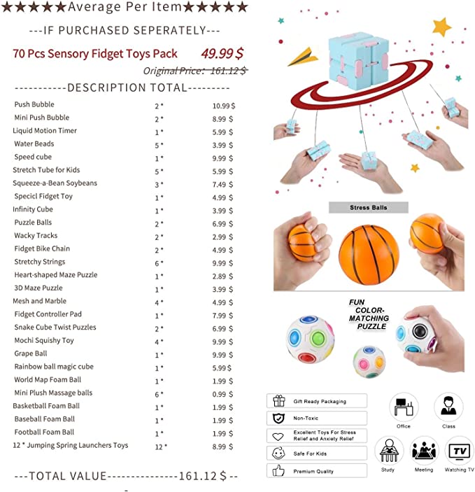 70 Pack Sensory Fidget Toys Set for Adults Kids