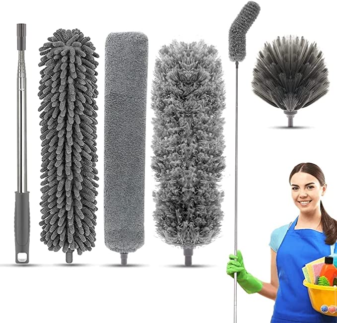 Feather Duster 100inch Bold Extension Telescopic Pole, Bendable & Washable Microfiber Dusters