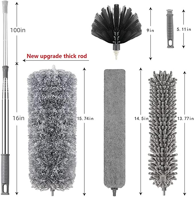 Feather Duster 100inch Bold Extension Telescopic Pole, Bendable & Washable Microfiber Dusters